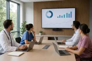 Quatre professionnels de santé discutent autour d’une table dans une salle lumineuse, travaillant sur un ordinateur avec un graphique affiché, ambiance studieuse et moderne.