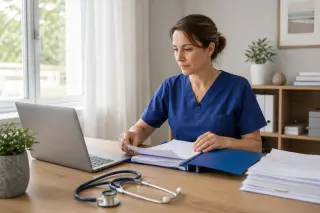 Nurse in blue uniform working on a laptop and sorting documents at a desk in a bright, organized home office with medical equipment nearby